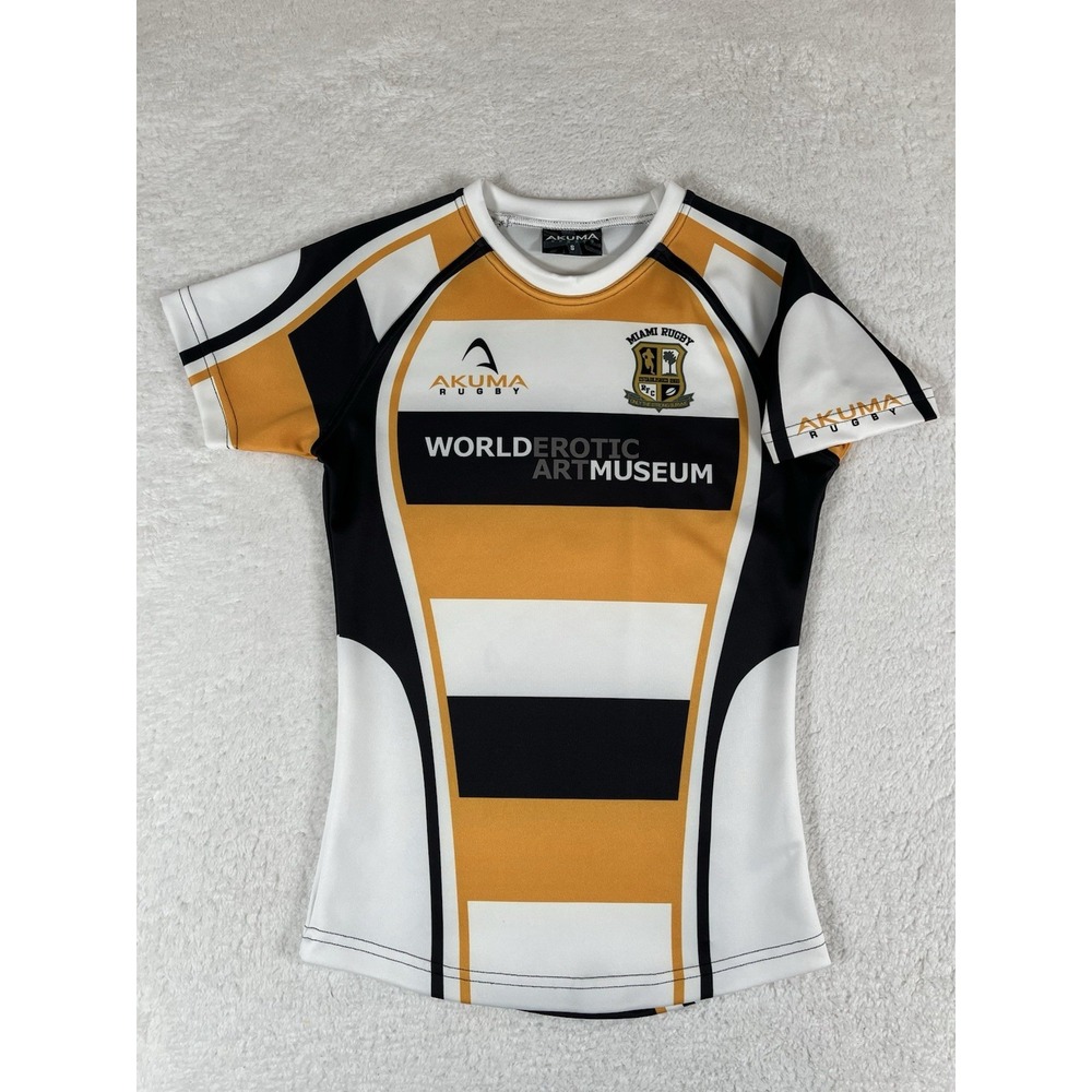 Akuma Sports Miami Rugby Gold White Black Striped Jersey Size Small Stretch